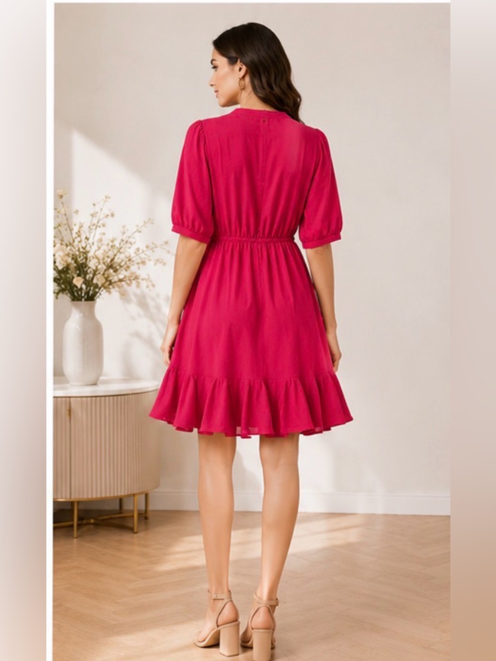 She + Sky Red Puff-Sleeve Dress with Drawstring Waist - Picture 3 of 7